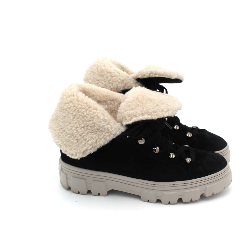 Paul Green Shearling Boots Womens US 8.5 Black Suede Lug Sole Hiker Lace Up